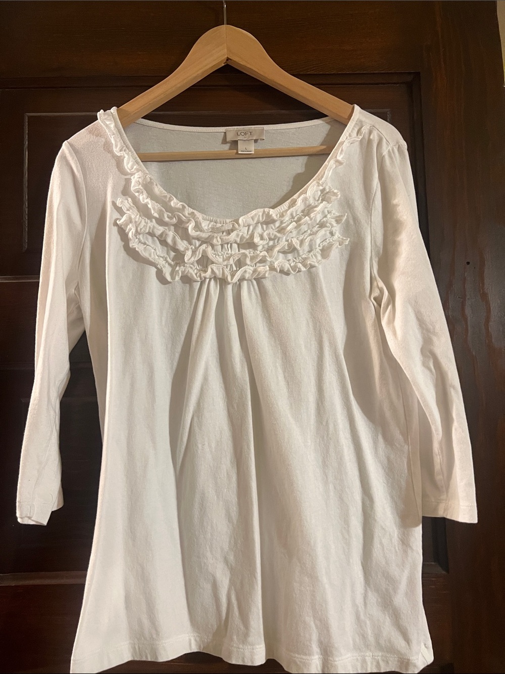 LOFT White Ruffle Top Scoop-Neck Quarter  Sleeve